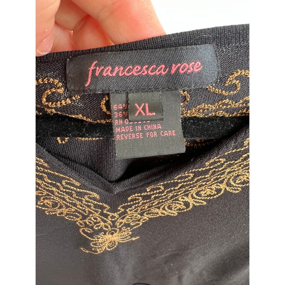 Francesca Rose V-Neck 3/4 Sleeve Blouse, Black w/ Gold Flower Embroidery, L / XL - Picture 4 of 10